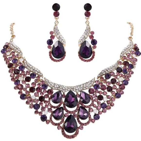 Yellow Gold and Amethyst Austrian Crystal Teardrop Wave Necklace & Earrings Set - Picture 1 of 7